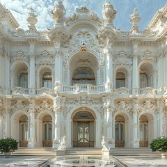 Fototapeta premium A magnificent Baroque palace facade, with intricate details, grand archways, and towering spires. A masterpiece of architectural beauty.