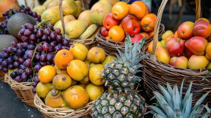 Colorful assortment of ripe fruits arranged in a wicker basket, ready for sale at a roadside fruit stand.