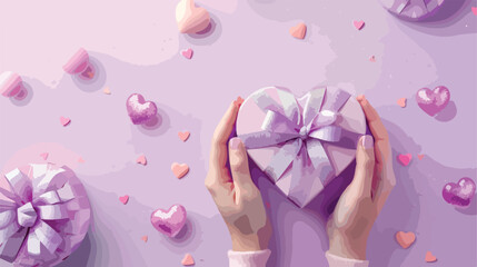 Female hands with gift box in shape of heart and decoration 