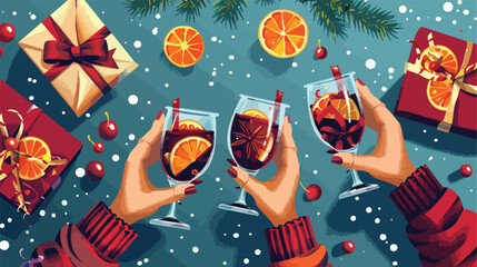 Female hands with glasses of warm mulled wine and gift