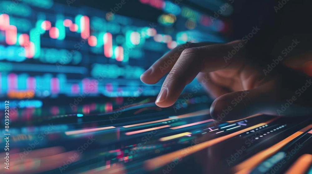 Poster finger indicating buy and sell signals on trading graph shown on computer display, navigating market