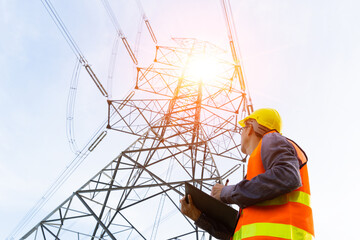 An electrician is checking the electrical transmission at a high-voltage pole.