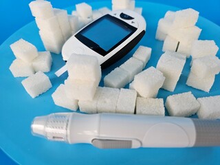 Diabetes set with glucometer, lancet. Blood sugar measurement kit