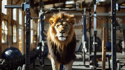 Lion fitness trainer in gym dressed in human athletic wear preparing to train . Concept Fitness, Training, Gym, Lion, Athletic Wear