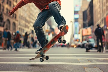 A man riding a skateboard down a city street lined with tall buildings, showcasing urban skateboarding culture. Generative AI