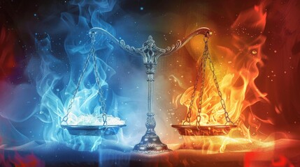Balance scales with flames and ice as metaphors - An evocative image depicting balance scales with contrasting flames and ice, representing opposing forces and equilibrium