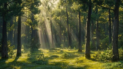 serene forest scene with sun rays filtering through tall trees and casting shadows on the forest floor.