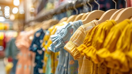 Display of trendy cotton baby clothes on mannequin in clothing store . Concept Baby Fashion, Clothing Store Display, Trendy Cotton Outfits, Mannequin Styling, Retail Merchandising