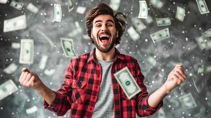 Lucky guy hitting the casino jackpot surrounded by cash, with gambling machines in the background