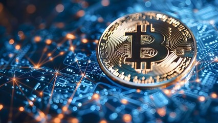 Digital hologram representing Bitcoin blockchain cryptocurrency . Concept Bitcoin, Blockchain, Cryptocurrency, Digital Hologram, Technology