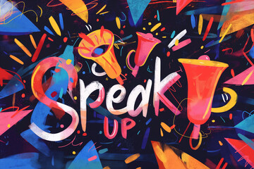 illustration Speak Up surrounded by megaphones