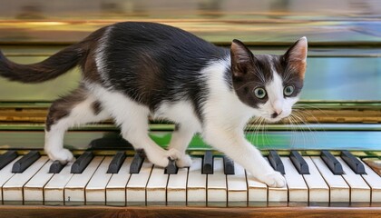 Black and white cat walks over piano keys
