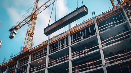 Fototapeta premium Steel beams and girders being lifted by a crane onto a high-rise construction site for structural assembly.