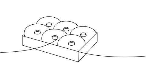 Donuts in open box one line continuous drawing. Bakery sweet pastry food. Vector linear illustration.