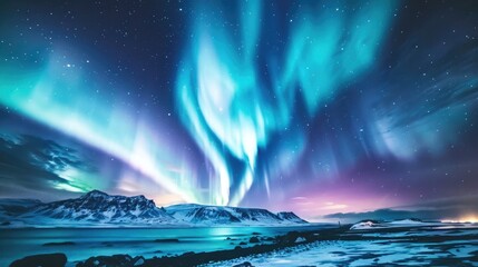 Vibrant aurora borealis illuminating the night sky with swirling waves of colorful light, a mesmerizing natural phenomenon.