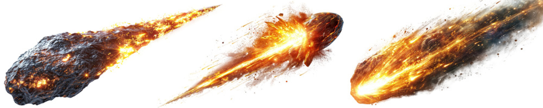 Asteroid collection, bundle of three burning meteors with a fire tail, isolated on a white background