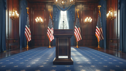 Shot of 2024 presidential candidate at podium with American flag