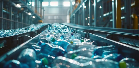 A conveyor filled with numerous glass bottles at a waste recycling plant. Ecological contribution to nature. The problem of ecology, waste recycling, reusable use, consumer culture.