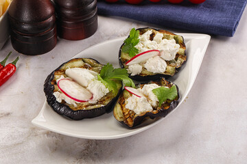 Grilled eggplant with cheese and radish