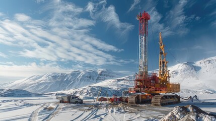 A red drilling rig is in the middle of a snowy field - Powered by Adobe