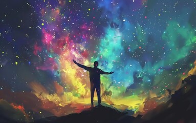 man with colorful energy, digital art style, painting illustration with stars in front of the Milky Way galaxy