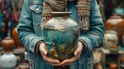 Rustic Ceramic Jar in Hands - Artisanal Beauty and Tactile Connection