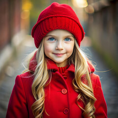 girl in a red jacket with a red hat on it - obrazy, fototapety, plakaty