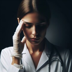 An woman doctor portrait having a headache, with the rim light. The background is black - obrazy, fototapety, plakaty