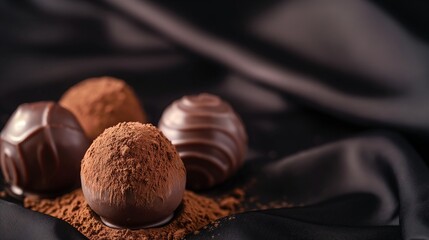 A close-up of a gourmet chocolate truffle, its surface dusted with cocoa, set against a background...
