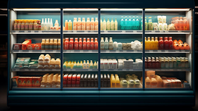 Well Stocked Front View of a Supermarket Refrigerator with Bottles and food Products AI Generated