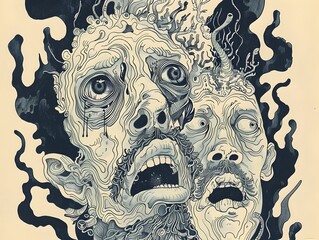 Fototapeta premium Distressed Expedition Through Eldritch Wilderness Bewildered Expressions of Lost Explorers Facing Supernatural Horrors