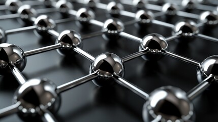 A close-up of a meticulously arranged array of silver spheres on a matte black surface, forming a three-dimensional triangular lattice that plays with light and shadow.