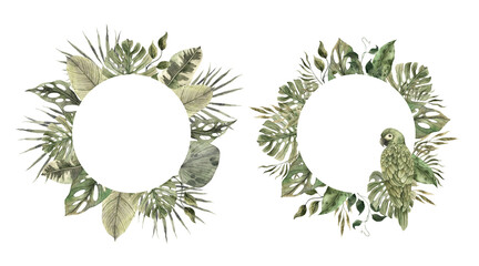 Parrot, Monstera, Calathea, Colocasia, palm, Philodendron. Set of watercolor tropical round frames in monochrome style. Floral and plant trend. Frames for invitations, cards, packaging, holidays