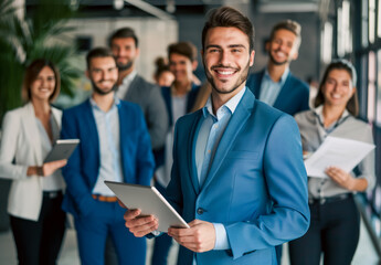 A smiling young business man in a blue suit holding a tablet and standing with a group of male and female work team members on the background at an office - Powered by Adobe