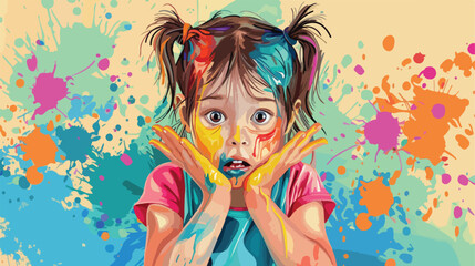 Funny little girl with hands and face in paint 