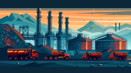 Industrial twilight trucks and silos against a mountain backdrop - obrazy, fototapety, plakaty