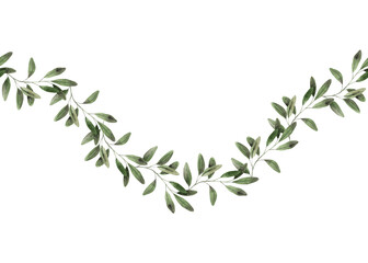 Climbing vine with leaves. Watercolor endless border, hand drawn in floral and plant style. Botanical illustration on isolated background for invitations, cards, packaging, holidays, floristry