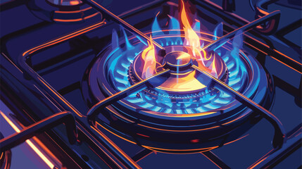 Gas burner with blue flame on domestic stove closeup