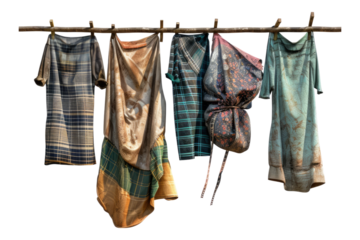 Drenched clothes hanging on the line isolated on transparent background