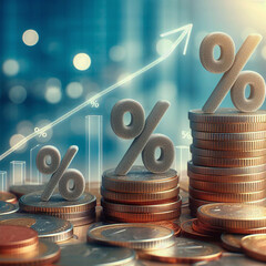 Percentage sign on stack of coins with financial graph background, business and finance concept