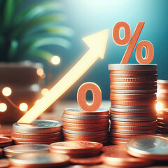 percent sign on coin stack with bokeh background, business growth concept