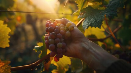 Close-up of a hand holding a ripe grape against a backdrop of lush green vines in a sunlit vineyard