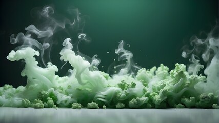 green moss on black background, On a green screen, white incense smoke, steam, or fog from hot food creates a softly curving movement with subtle color gradations.