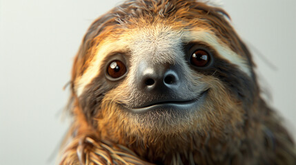 Naklejka premium Close-up of an animated, friendly-looking sloth with a big smile, on a white background.