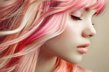 Beautiful girl with pink hair and blonde highlights, on a beige background