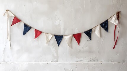 Timeless red, white, and blue bunting hanging gracefully against a white wall, celebrating Americana.