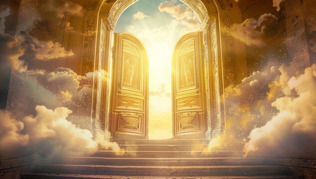 A majestic golden gate stands tall amidst fluffy white clouds, representing the ethereal doors to heaven and the promise of afterlife.