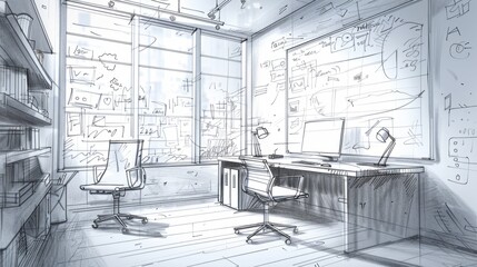An architectural sketch of a modern office with large windows, a desk, chairs, bookshelves, and a whiteboard.