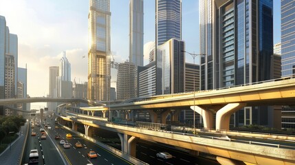 Elevated highway overpass with traffic flowing smoothly beneath towering skyscrapers in the city center.