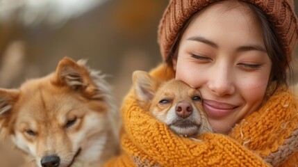 happy asian woman huggings her japanese shiba dog in a park